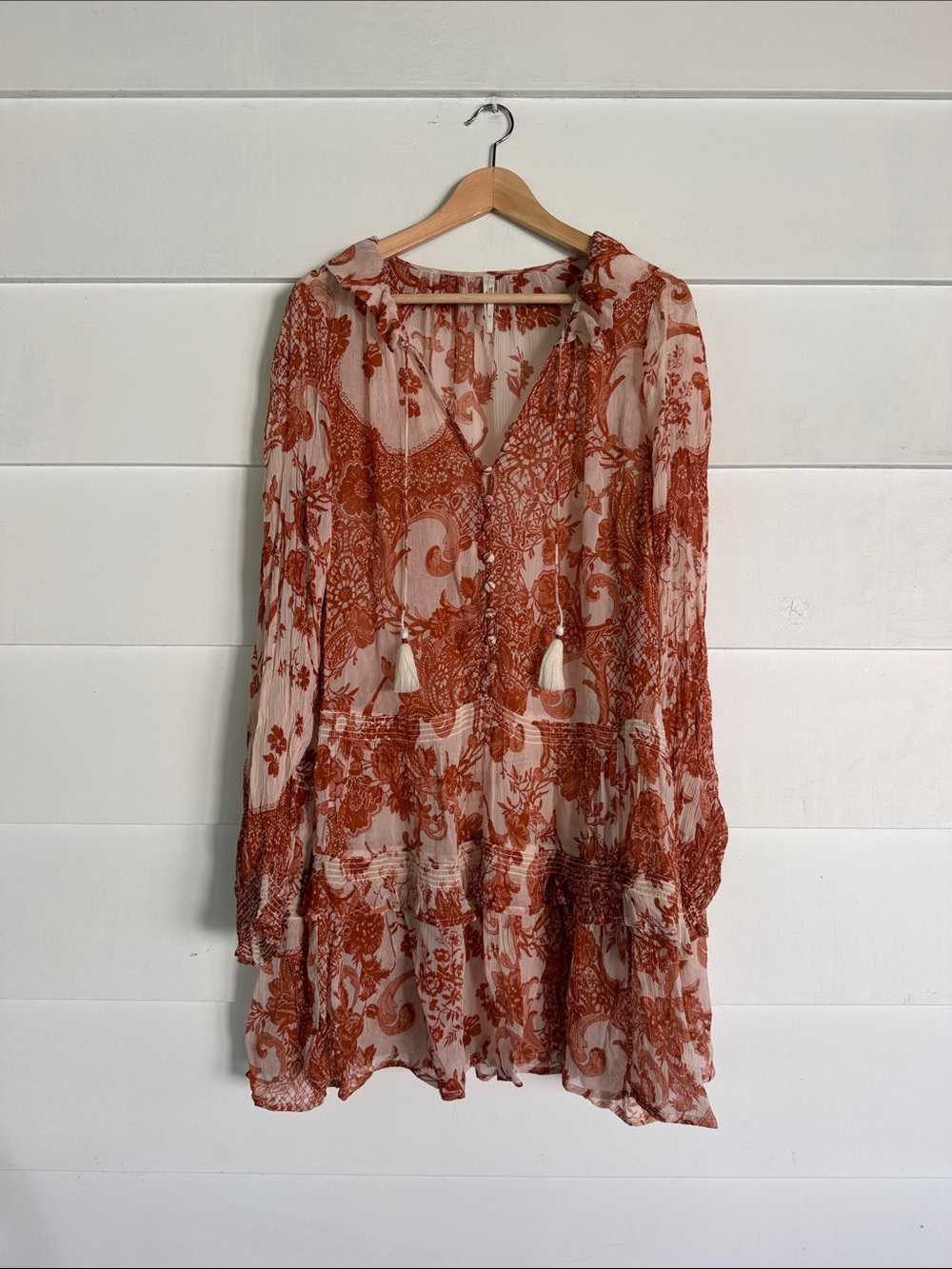 Anthropologie Rust Floral Long-Sleeve Boho Dress